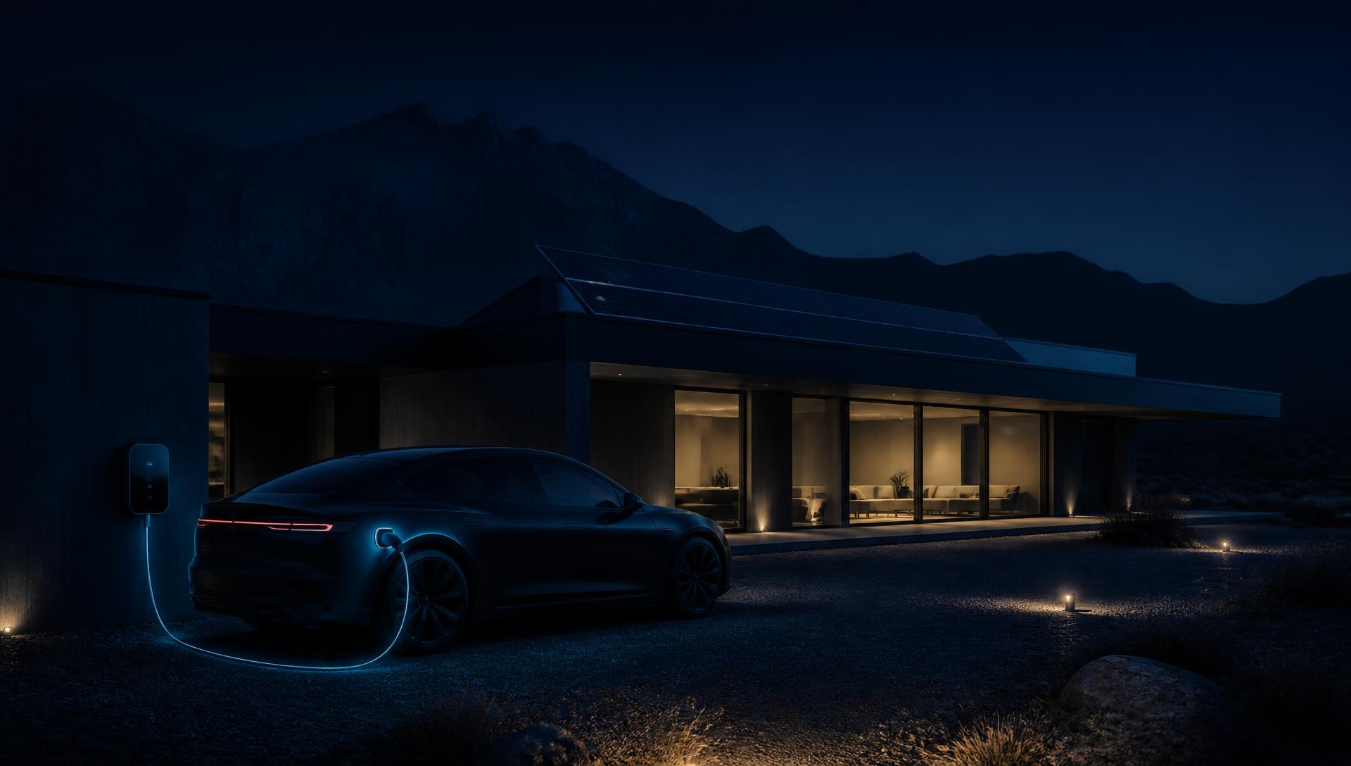 A modern villa at night with a rooftop solar array and an electric vehicle charging in the driveway